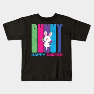 Bunny Happy Easter - Colorful Cute Easter Eggs Gift - Grunge Kids T-Shirt